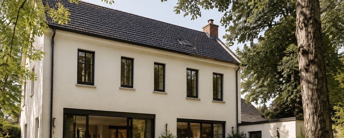 Gerenoveerde gevel met nieuw hoogrendementsschrijnwerk, geïsoleerd dak en dakvenster